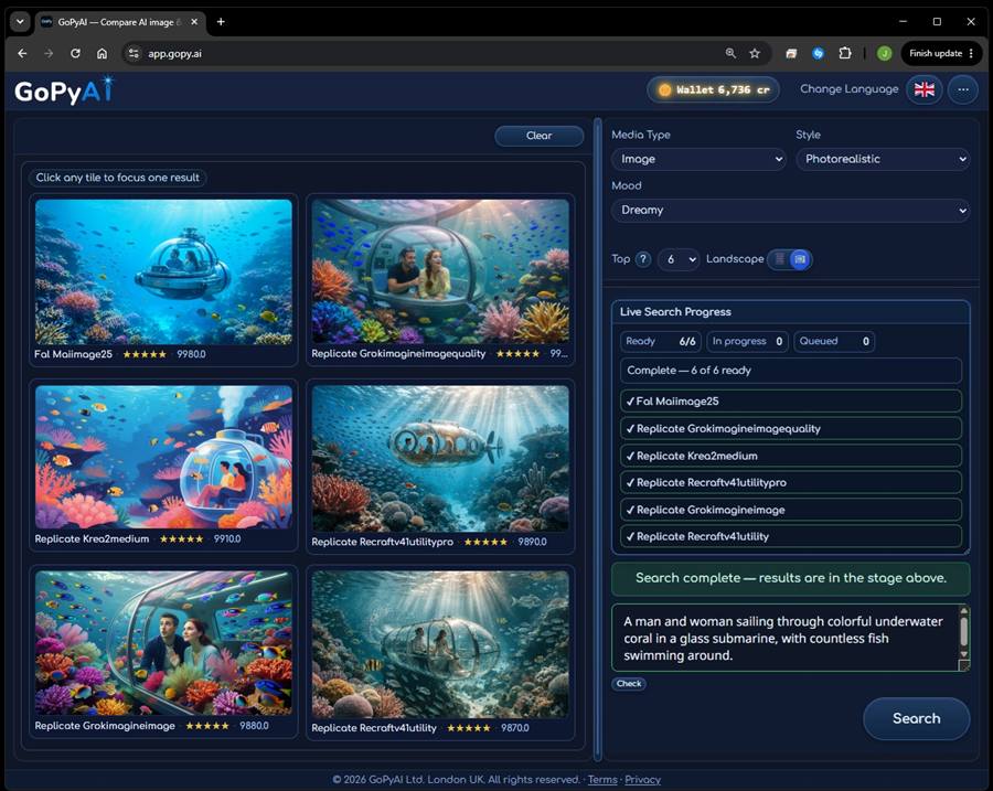 GoPyAI compare workspace showing six AI image results from different providers for the same prompt.